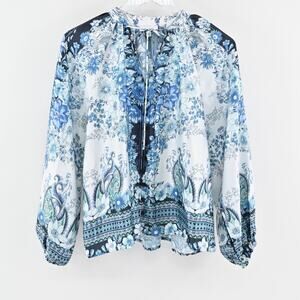 FATE Womens Billow Sleeve Blouse Top Sz S Blue Floral Tie Neck Button Boho Retro